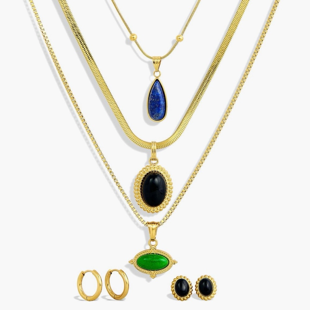 Elegant Gold Necklace 8-Piece Set with Semiprecious Stone Pendants & Earrings
